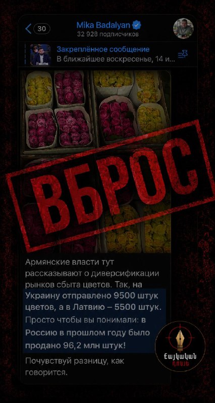 Прокремлёвские Telegram-каналы, упомянутые в заметке: Цицак, Ереванский наблюдатель, Армянская вендетта, Микаэль Бадалян
